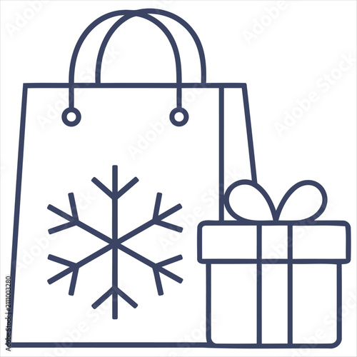 Minimal Christmas Shopping Bag and Gift Box Icon with Snowflake Design Flat Vector Illustration