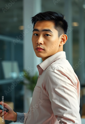 Young asian man in a pink s...