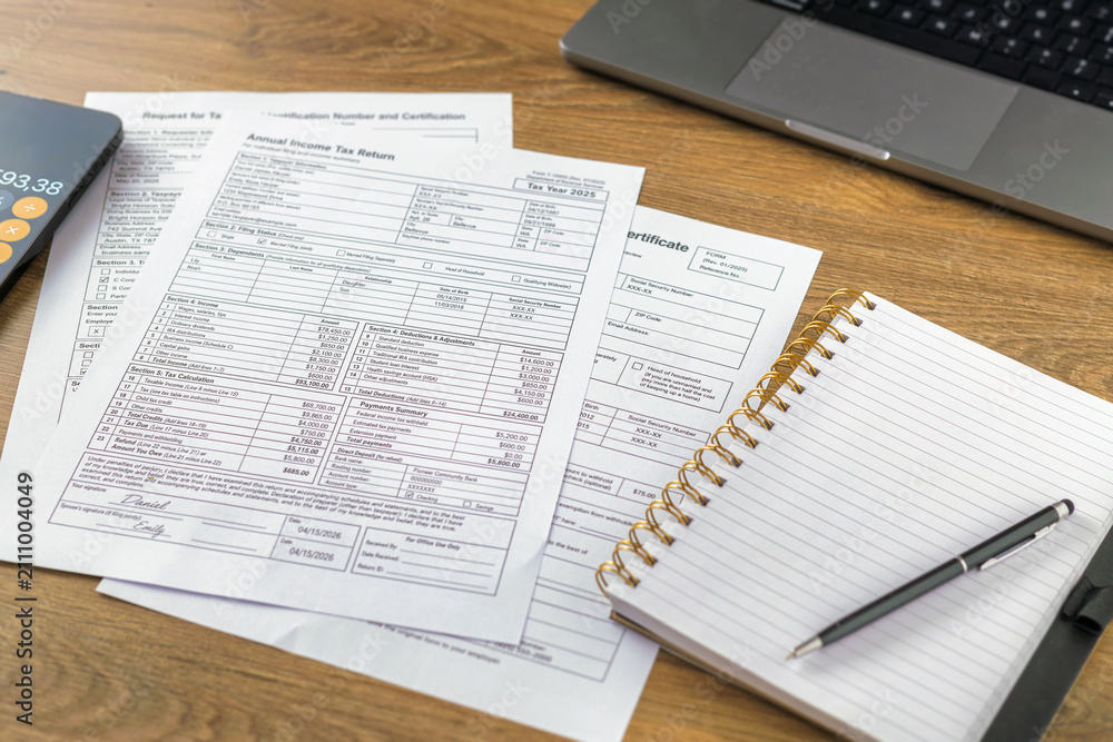 Obraz premium Annual tax return forms with open notebook