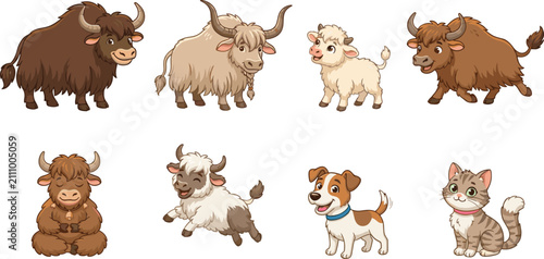 Foto Adorable yak vector set with fluffy highland cattle calves meditating bull cute