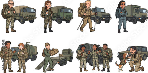 Quadro su tela Military army soldier vector set with diverse infantry troops cargo trucks flatb