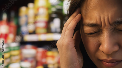 Close up portrait worried consumer eye stress hand grocery shelf shopping anxiety female shopper with shut eye in supermarket aisle