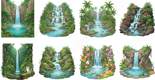 Foto Nature waterfall landscape vector pack with exotic tropical jungle cascades rock