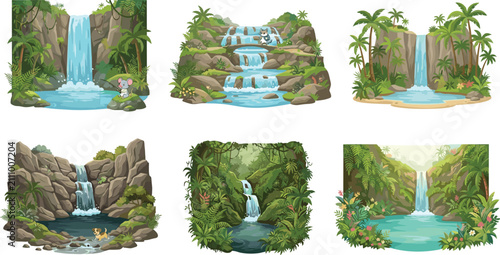 Bild auf Leinwand Beautiful waterfall landscape vector set with tropical jungle cascades rivers ro