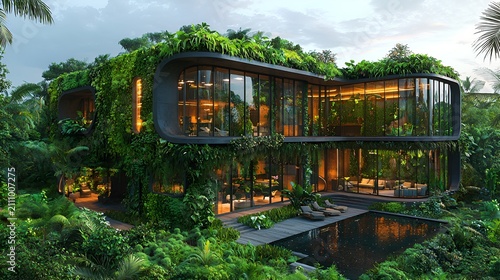 Lush green vegetation covers modern glass house.
