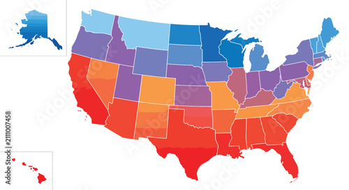 Konstfotografi US Map, Colorful United States climate map vector graphic featuring temperature
