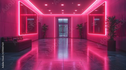 Pink neon lights illuminate a modern hallway with reflective floors and plants.