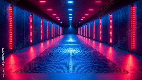 Futuristic neon-lit server room corridor.