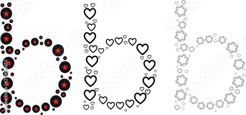 фотографія Creative typography design featuring three distinct lowercase letter b shapes composed of stars hearts and geometric circles on transparent background