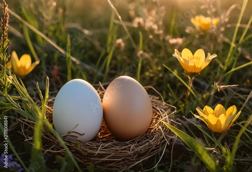 Two fresh farm eggs, one wh...