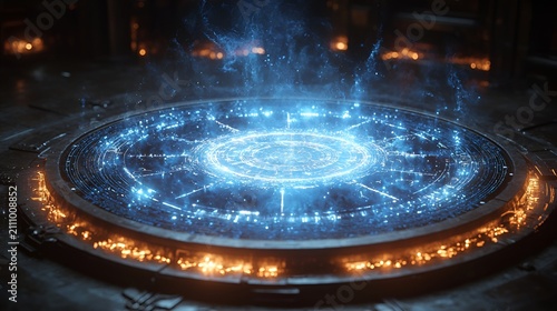 Futuristic glowing circular portal with fire.