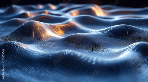 Abstract wavy metallic surface with glowing orange highlights.