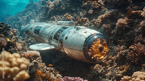 Futuristic submarine resting on vibrant coral reef.