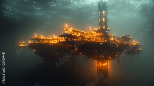 Underwater oil rig at night, illuminated.