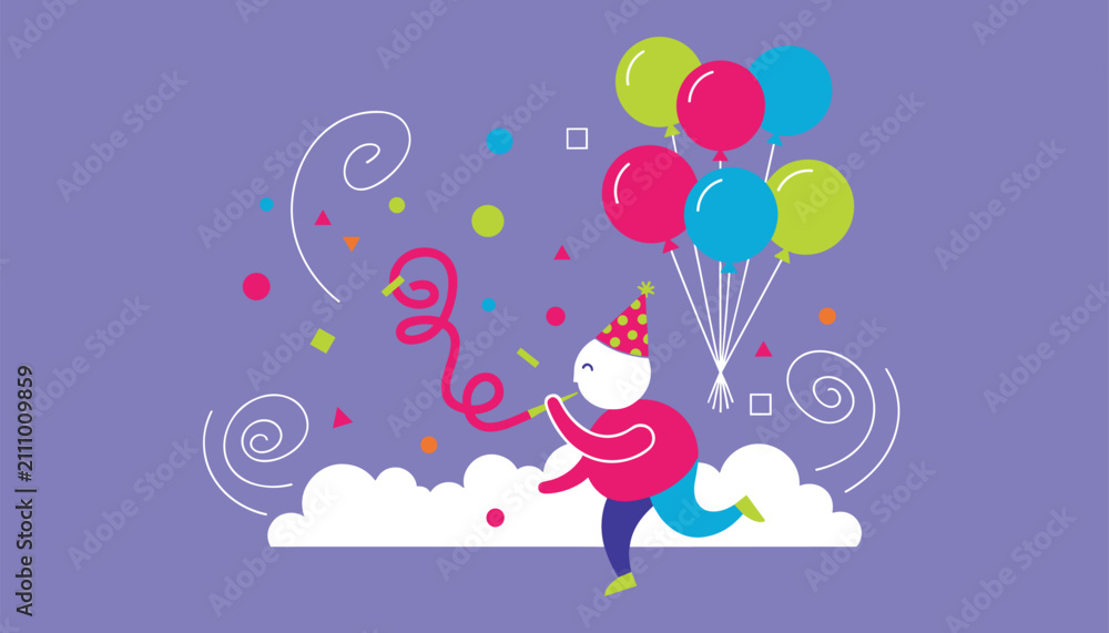 Fototapeta premium Cute abstract character celebrating a birthday party with colorful balloons and blower on a purple background.