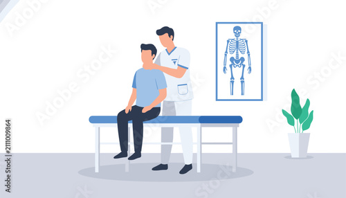 Professional chiropractor in uniform examining a male patient on a medical couch in a clean clinic office.