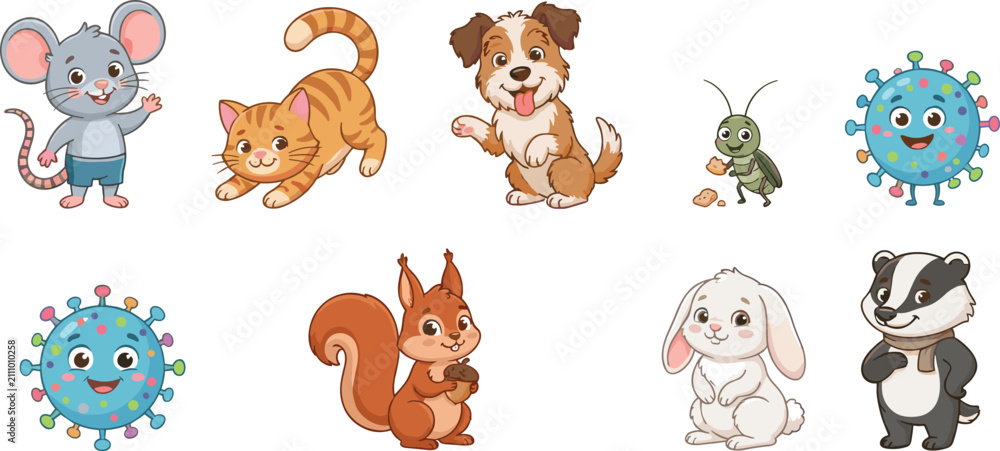 Obraz premium Cute cartoon animals and virus characters vector illustration set funny mouse cat dog badger isolated on white