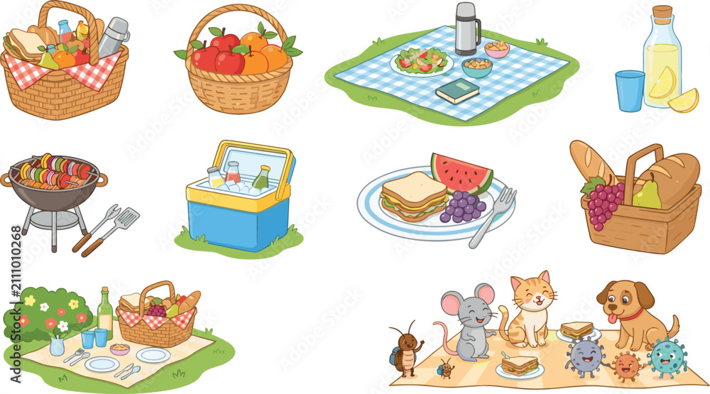 Fototapeta premium Picnic vector illustration set with food baskets barbecue cooler blanket and cute cartoon animals isolated on white