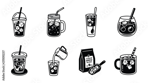 Cuadro en lienzo Eight black and white illustrations of cold brew coffee drinks and coffee beans