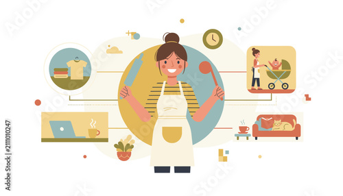 Apron-wearing multitasking mother holding kitchen utensils while successfully balancing household chores and work.