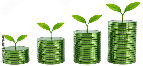 Green coin stacks with growing plants symbolizing eco‑friendly financial growth, sustainable investment, money savings, wealth increase, and environmental economic prosperity concept illustration