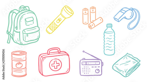 Emergency preparedness survival kit items, including a backpack, flashlight, and first aid kit, depicted in a vibrant outline illustration.