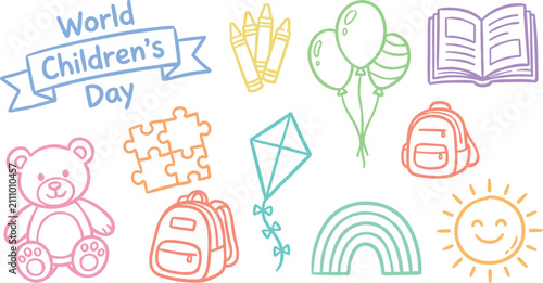 World Children's Day celebration elements including balloons, crayons, teddy bear, books, and other playful items are cheerfully illustrated in a doodle style.