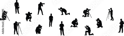 Cuadro en lienzo Collection of black silhouettes of photographers in various poses on a white bac