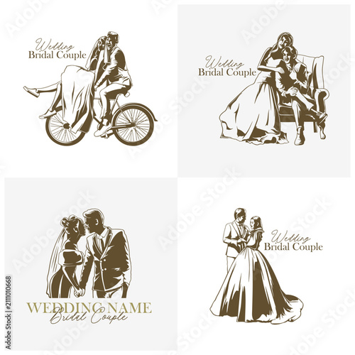 Set of Elegant Wedding Bridal Couple Vector Illustration Logo. Perfect for wedding organizers, bridal shops, invitation cards, and romantic brand identities.