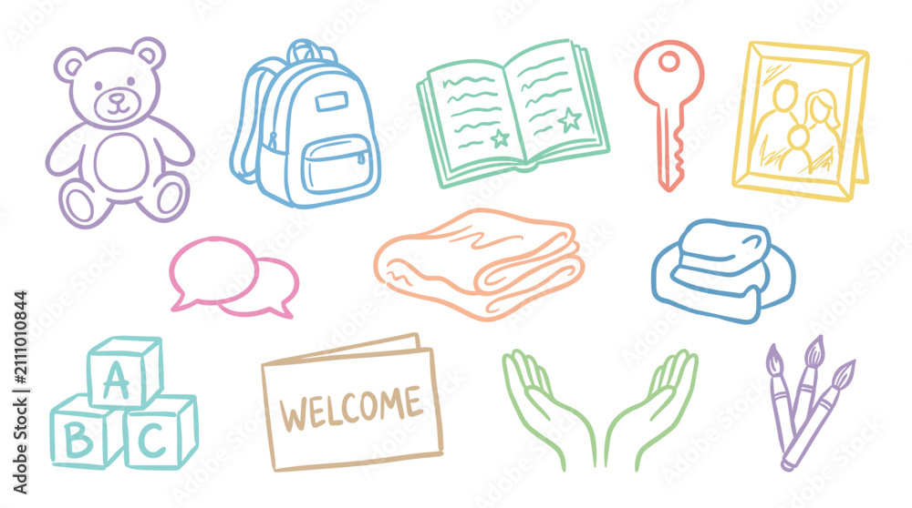 Fototapeta premium Collection of colorful hand-drawn everyday objects and symbols including a teddy bear, backpack, book, and family picture, representing themes of home, childhood, and care.