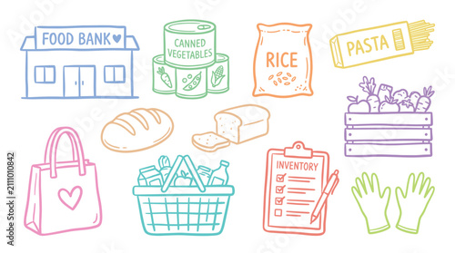 Food bank donation supplies and essential items are depicted in a colorful hand-drawn illustration representing charity and community support.