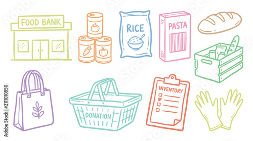 Food bank donation items and charity supplies are depicted in a colorful hand-drawn illustration style, representing community support and essential aid.