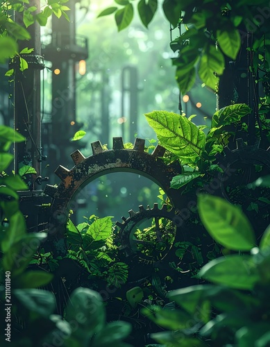 Enchanted Steampunk Forest Gear Overgrown with Lush Greenery.