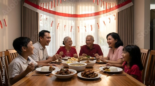 Indonesian family celebrating independence day with festive meal.