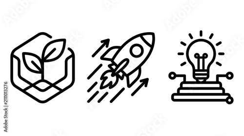 Innovation and startup growth business concept icon set with innovation business creative technology development sustainability lightbulb environment strategy progress thinking inspiration