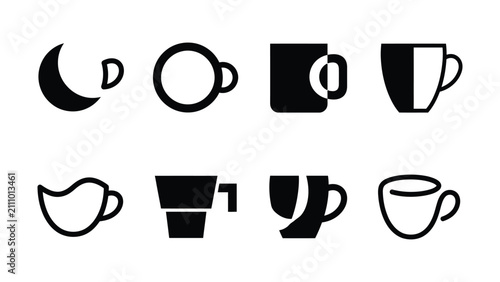 Various coffee cup icons in different shapes and styles on white background