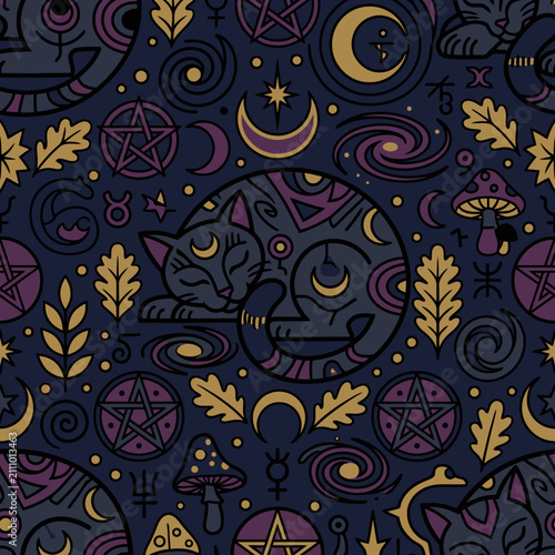 A seamless pattern features mystical cats and occult symbols