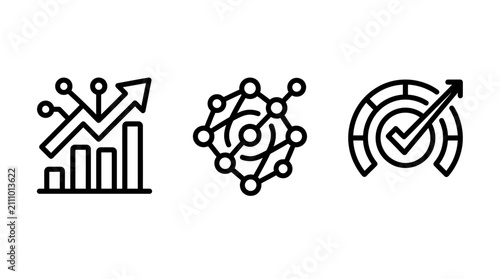 Data analytics business performance and network optimization icon set with analytics business performance optimization statistics increase technology analysis management development strategy