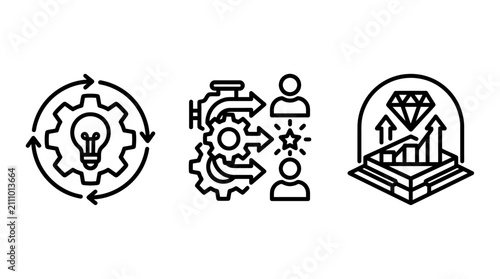 Business process and value icons set including lightbulb rotation team integration and diamond growth business lightbulb rotation integration development strategy innovation optimization