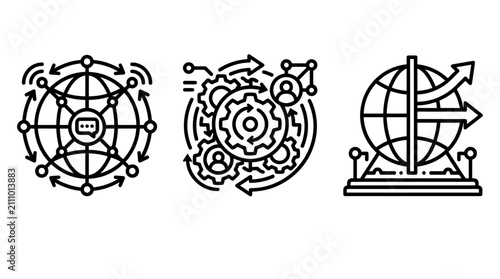 Global communication and strategic planning icons featuring network connectivity and worldwide growth communication business strategy connectivity worldwide planning international development