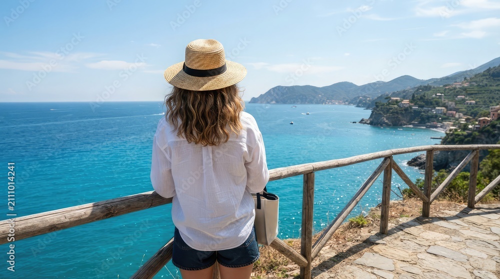 Fototapeta premium A woman wearing a straw hat stands on a cliff edge overlooking the beautiful blue mediterranean sea coastline