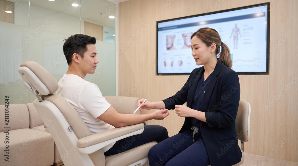 Fototapeta premium Doctor pointing at a patient's healed scar while explaining treatment options in a modern aesthetic clinic
