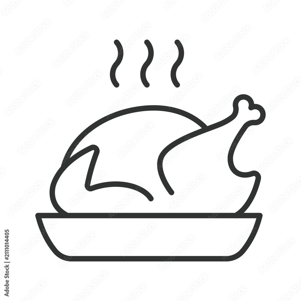 Fototapeta premium Roasted chicken meal icon in line design. Turkey, dinner, festive, cooked, food, eat, poultry on white background vector. Roasted chicken editable stroke icon
