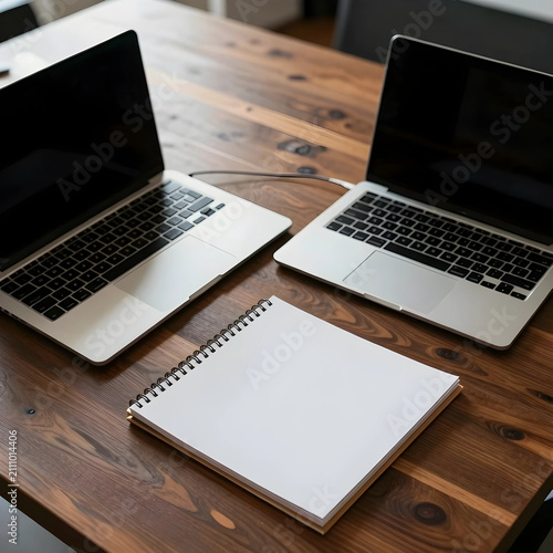 Two open laptops with blank...