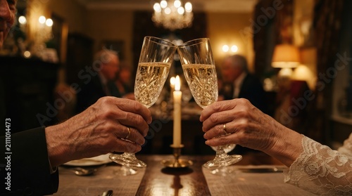 Close up of a couple toasting with champagne flutes during a romantic candlelit dinner in a cozy restaurant