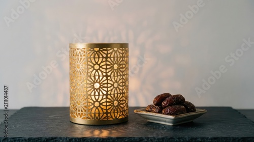 A glowing golden lantern with intricate patterns placed next to a small bowl of sweet dates on a table