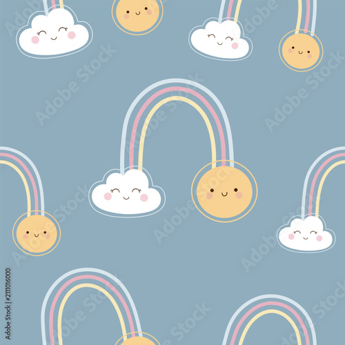cute rainbow , smiling sun and cloud seamless pattern , vector , illustration
