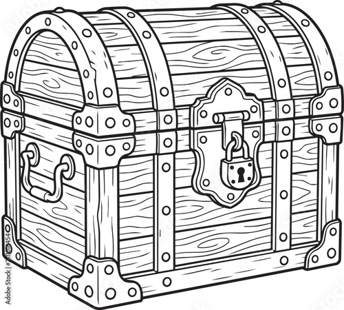 Old wooden treasure chest with lock and rivets illustration