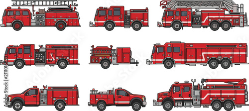 Obraz na płótnie Fire engine truck rescue vehicle collection vector illustration set emergency re