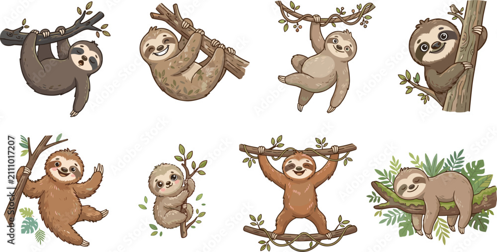 Obraz premium Cute sloth cartoon characters set vector illustration hanging climbing branches with green leaves isolated on white
